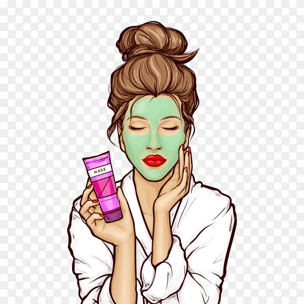 Woman with face mask in pop art style on transparent background PNG