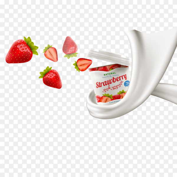 Yogurt splashing and floating strawberry on transparent background PNG