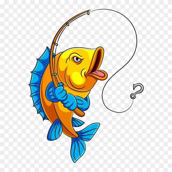 A cartoon fish holding fishing rod on transparent background PNG