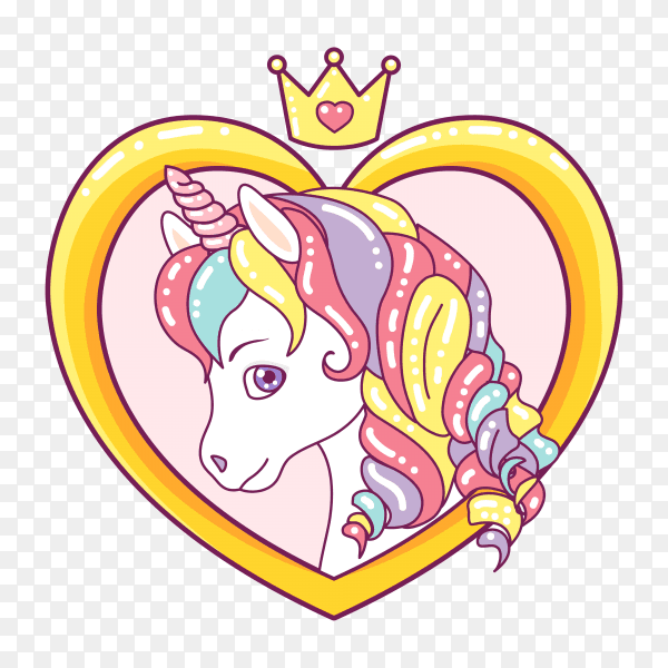 Beautiful unicorn head on heart frame on transparent background PNG