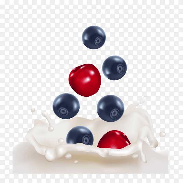 Black and Red cherry Dropping into milk splash on transparent background PNG