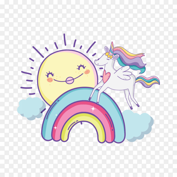Cartoon character of unicorn standing on rainbow on transparent background PNG