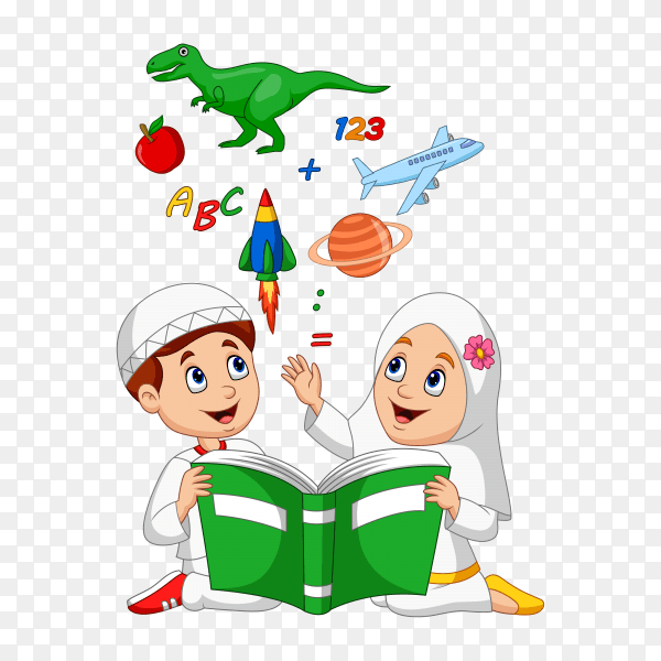 Cartoon Muslim kids reading book education concept on transparent background PNG
