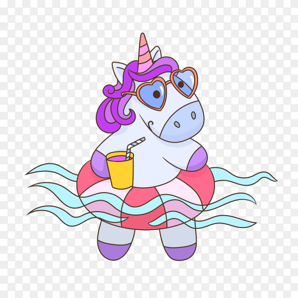 Cute unicorn wearing inflatable swimming tires cartoon illustration on transparent background PNG
