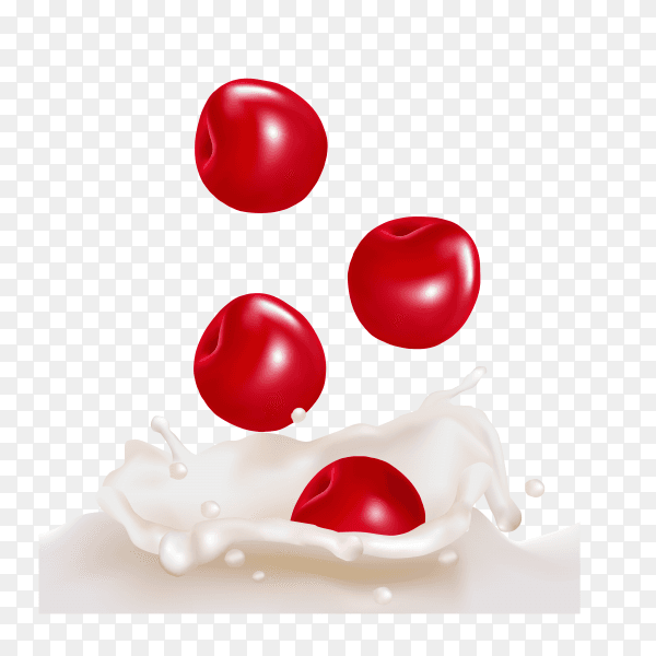 Fresh cherry Dropping into milk splash on transparent background PNG