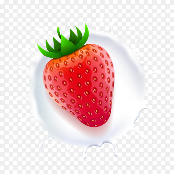 Fresh strawberry in milk splash on transparent background PNG