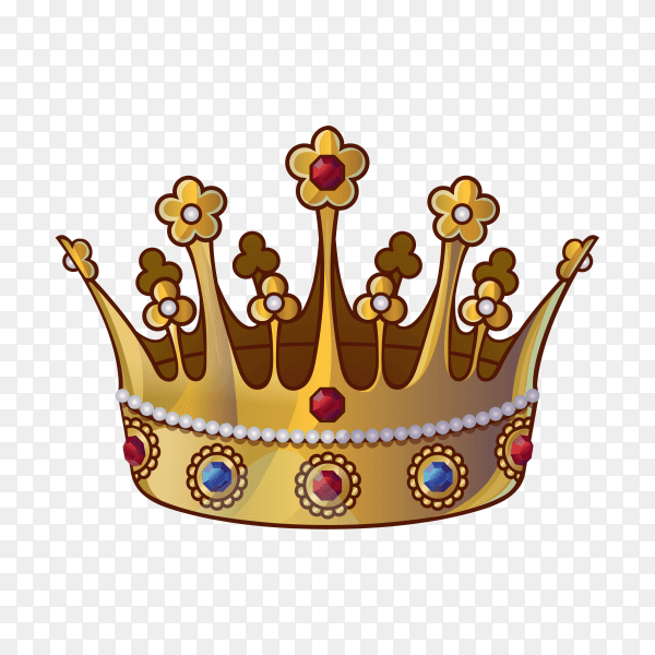 Golden crowns with gems for king or queen isolated on transparent background PNG