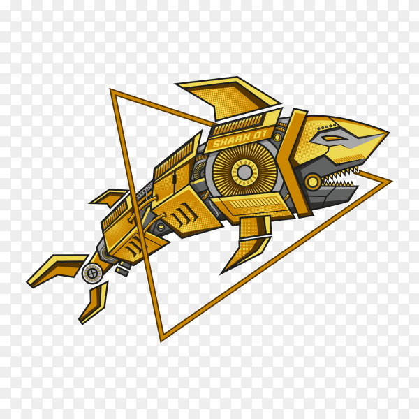 Golden robot shark steampunk illustration on transparent background PNG