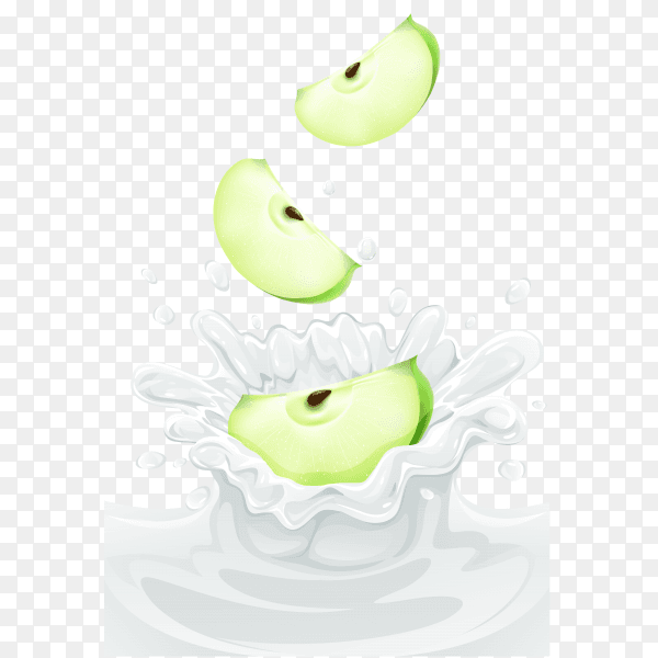 Green apple in milk splash on transparent background PNG