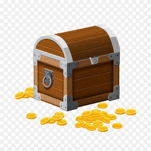 Hand drawn chest with gold coins treasures on transparent background PNG