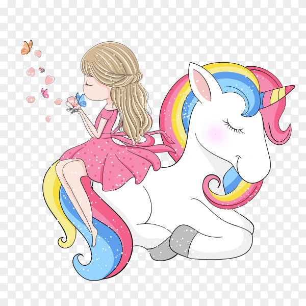 Hand drawn cute girl sitting in a unicorn on transparent background PNG