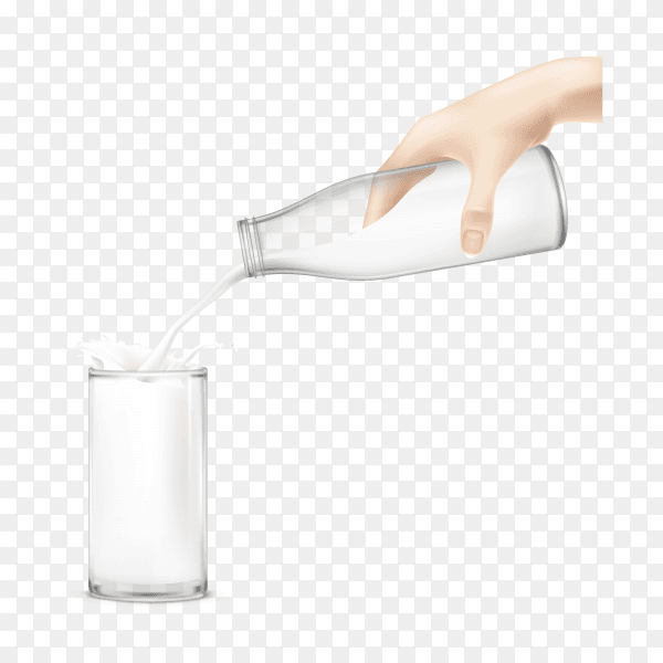 Hand holding a glass bottle of milk and pouring into cup glasse on transparent background PNG