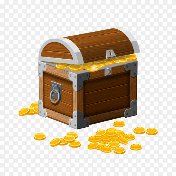 Reinforced wooden box is filled with a shining gold money on transparent background PNG