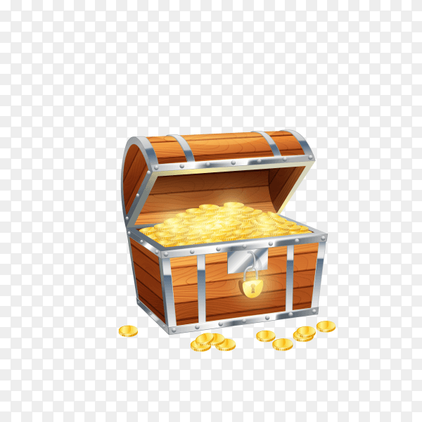 Reinforced wooden box is filled with a shining gold money premium vector PNG