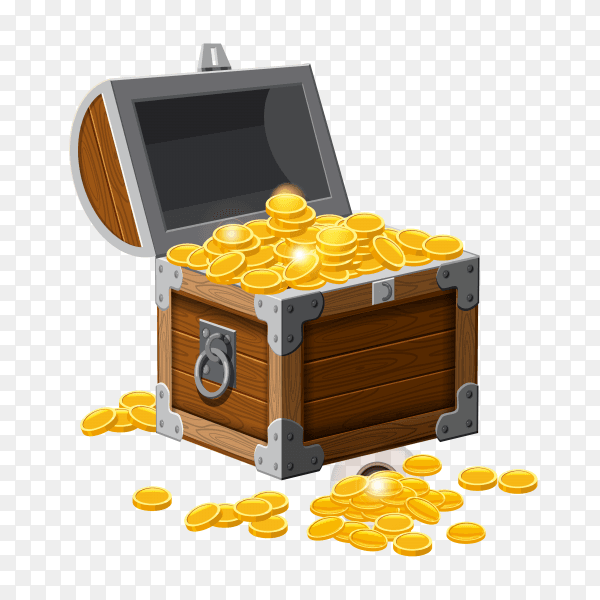 Wooden treasure chest with gold coins on transparent background PNG