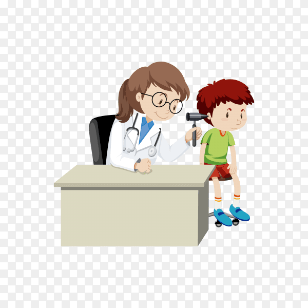 A Boy Checking Ears with Doctor illustration on transparent background PNG