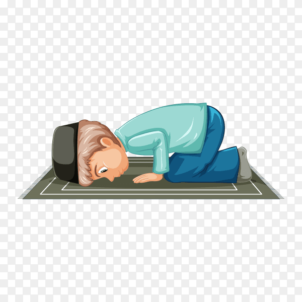 Arab Muslim boy praying in traditional clothing isolated on transparent background PNG