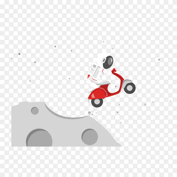 Astronaut driving red motorcycle drifting out into space on transparent background PNG