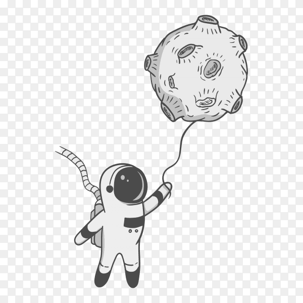 Astronaut holding a balloon shaped as moon on transparent background PNG