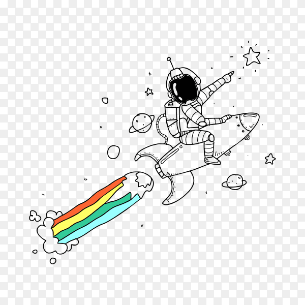 Astronaut sitting astride the rocket ship waving one hand and touching the ship with the other on transparent background PNG