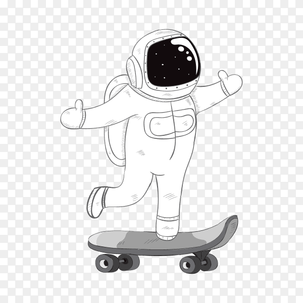 Astronauts on a skateboard cartoon hand-drawn on transparent background PNG