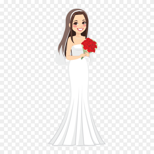 Beautiful Bride in white dress with bouquet on transparent background PNG
