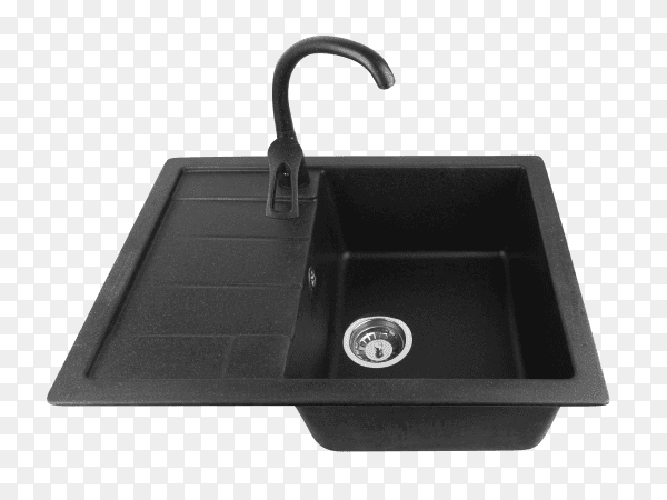 Black kitchen sink with tap on transparent background PNG