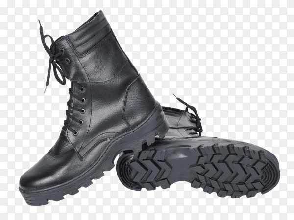 Black leather army boots on transparent background PNG