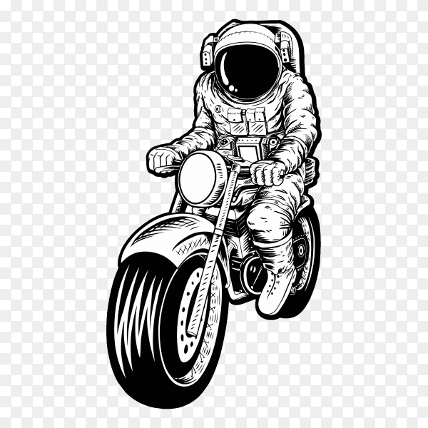 Black white astronaut riding motorcycle on transparent background PNG