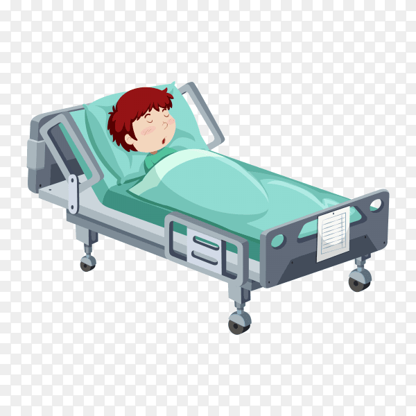 Boy being sick in hospital bed illustration on transparent background PNG