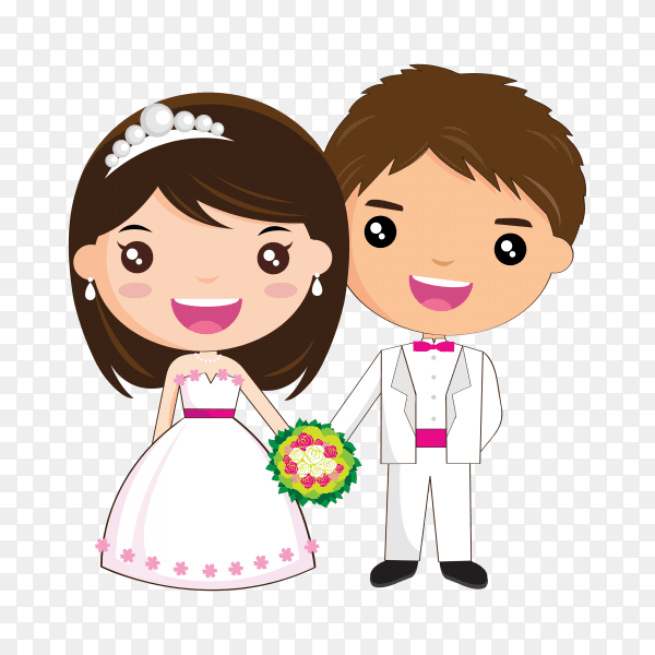 Bride and groom as love wedding couple. Cartoon husband and romantic wife ceremony on transparent background PNG