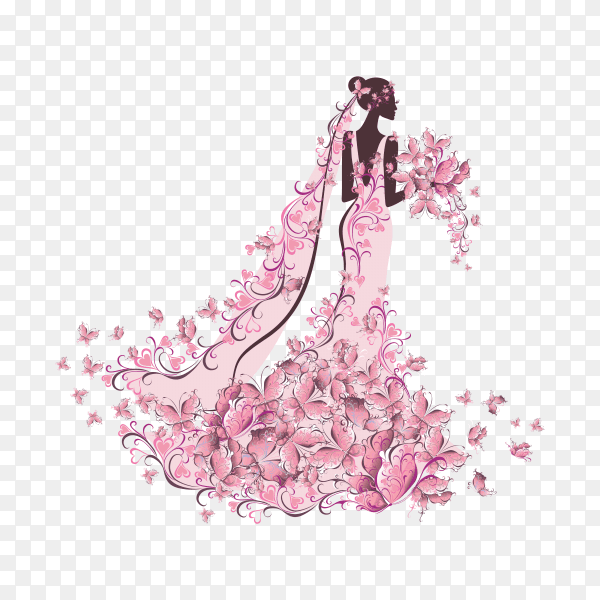 Bride in floral dress with butterfly on transparent background PNG