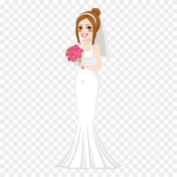 Bride in white dress with bouquet on transparent background PNG