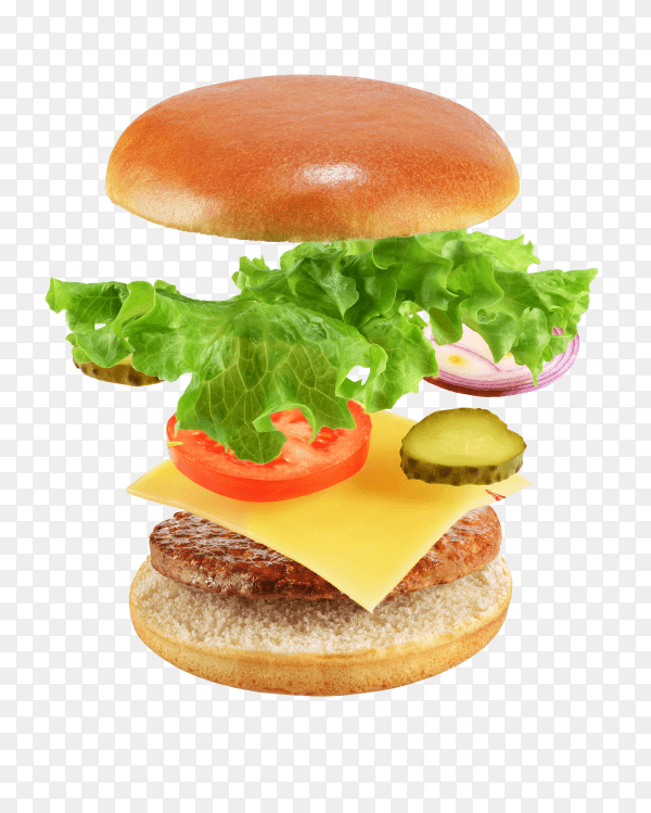 Burger with flying elements on transparent background PNG