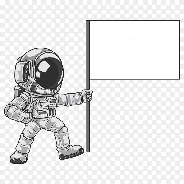 Cartoon astronaut raising flag on the moon on transparent background PNG