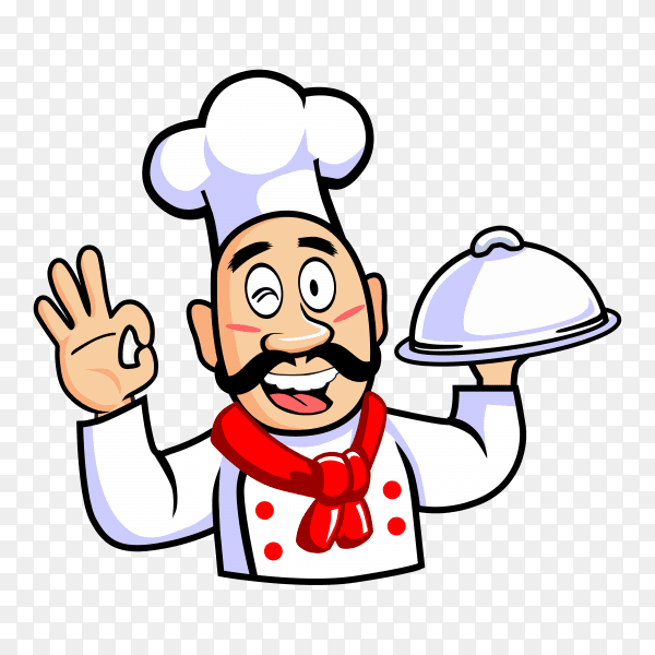 Cartoon chef cook with dish showing thumbs up on transparent background PNG