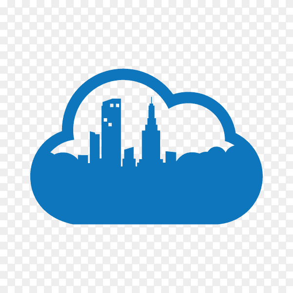 City skyline logo in blue cloud on transparent background PNG