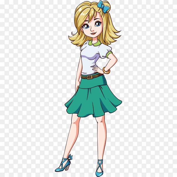 Cute blonde girl with elegant haircut and beautiful clothing on transparent PNG
