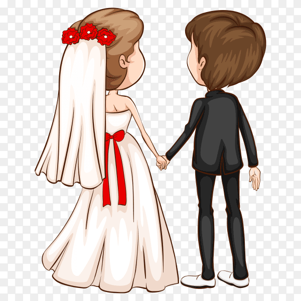 Cute couple in wedding dress cartoon character on transparent background PNG