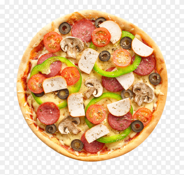 Delicious Pizza with mozzarella and salami on transparent background PNG