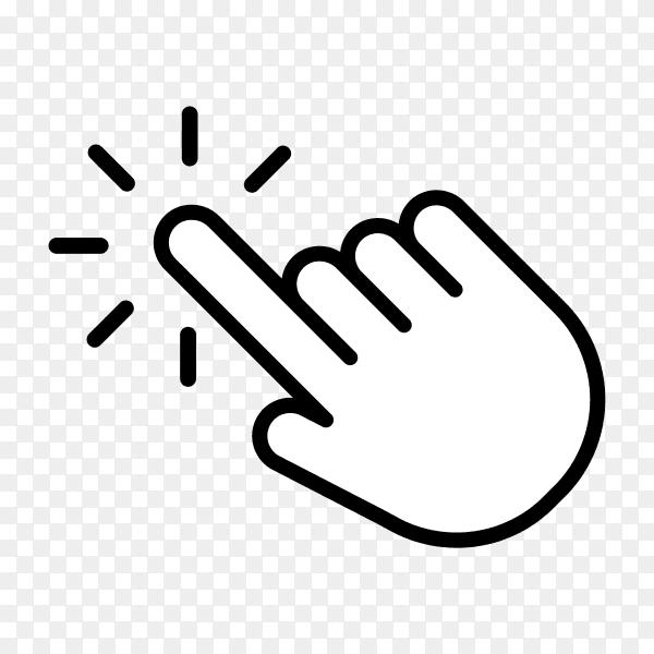 Design of click icon with hand cursor. Hand is pushing the button. Pointer symbol on transparent background PNG