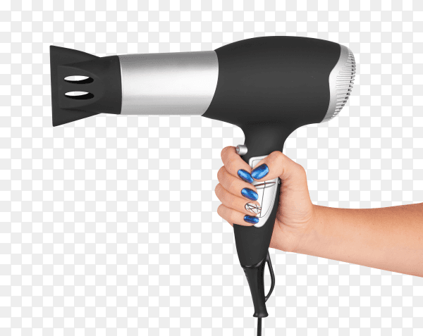 Female hand holds hair dryer on transparent background PNG