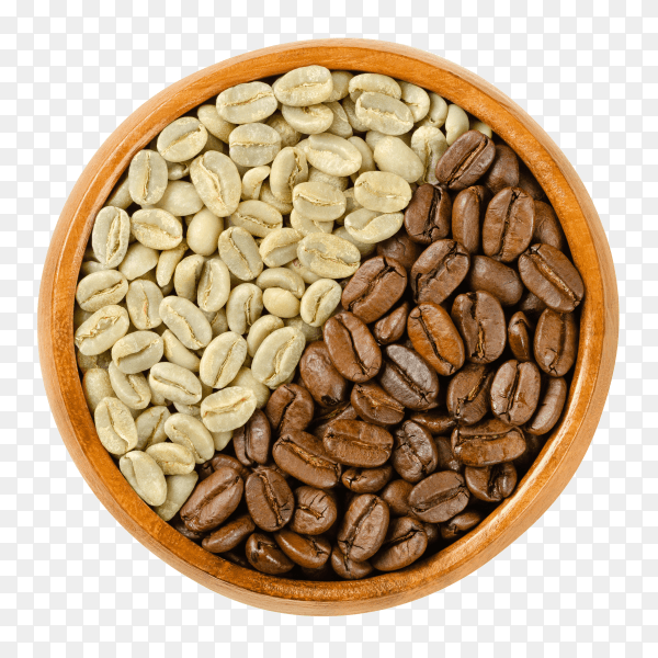Green and roasted Arabia coffee beans in wooden bowl on transparent background PNG