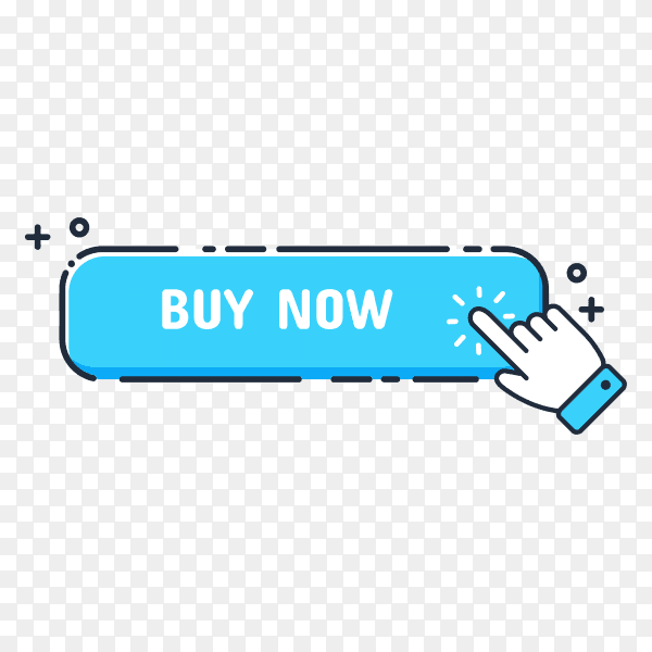 Hand cursor icon with blue Buy now button. Click here for links to websites on transparent background PNG