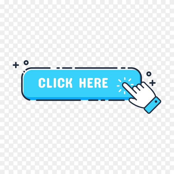 Hand cursor icon with blue click button. Click here for links to websites on transparent background PNG