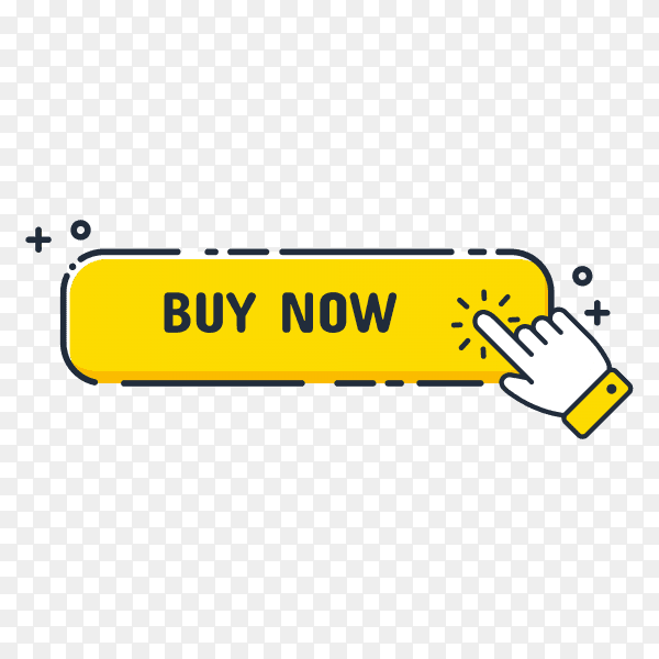 Hand cursor icon with yellow Buy now button. Click here for links to websites on transparent background PNG