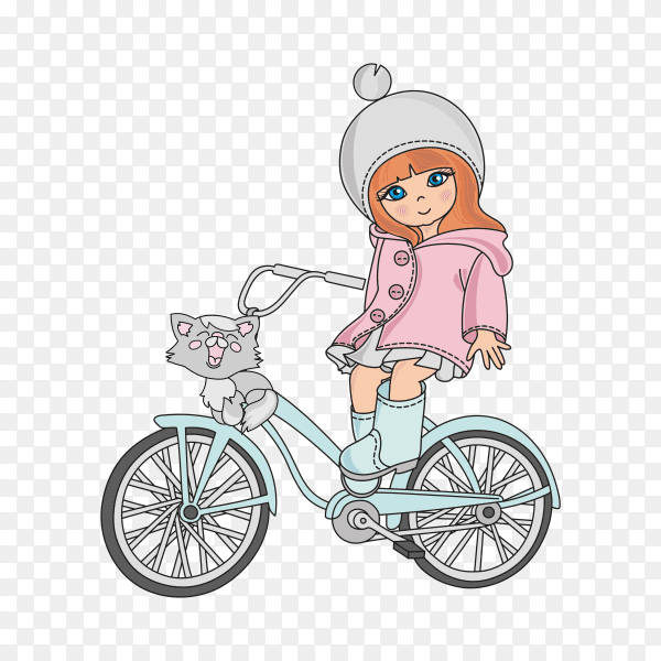 Hand drawn cute cartoon girl riding a bicycle on transparent background PNG