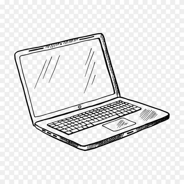 Hand-drawn sketch of laptop computer on transparent background PNG