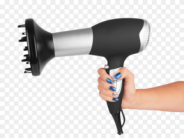 Hand holding hair dryer isolated on transparent background PNG