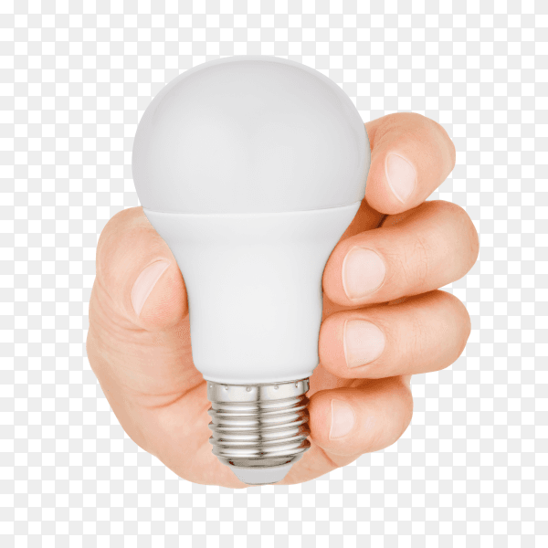 Hand holding plastic led light bulb isolated on transparent background PNG